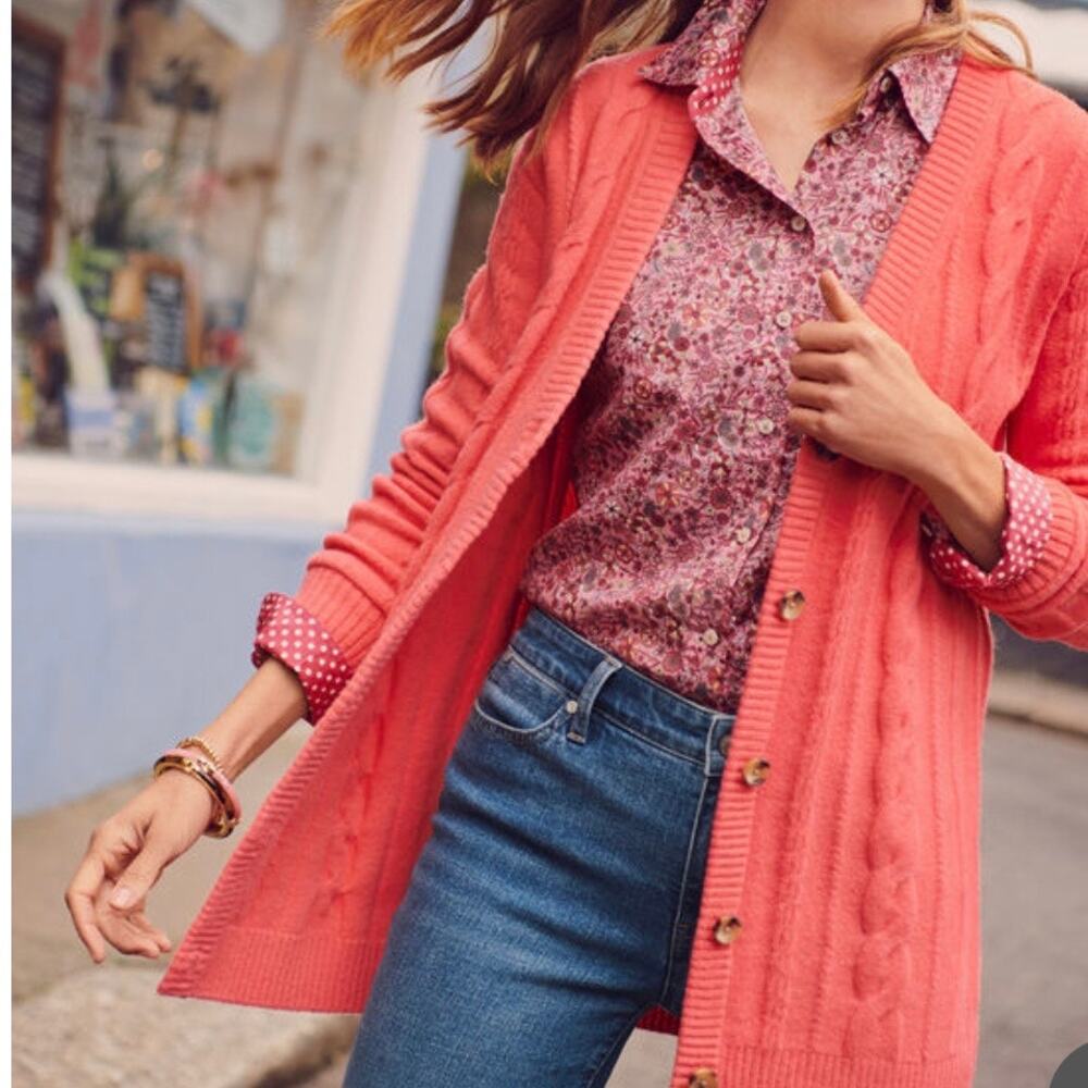 Talbots Cable Knit V-Neck Cardigan Sweater Size M Wool Blend Oversized